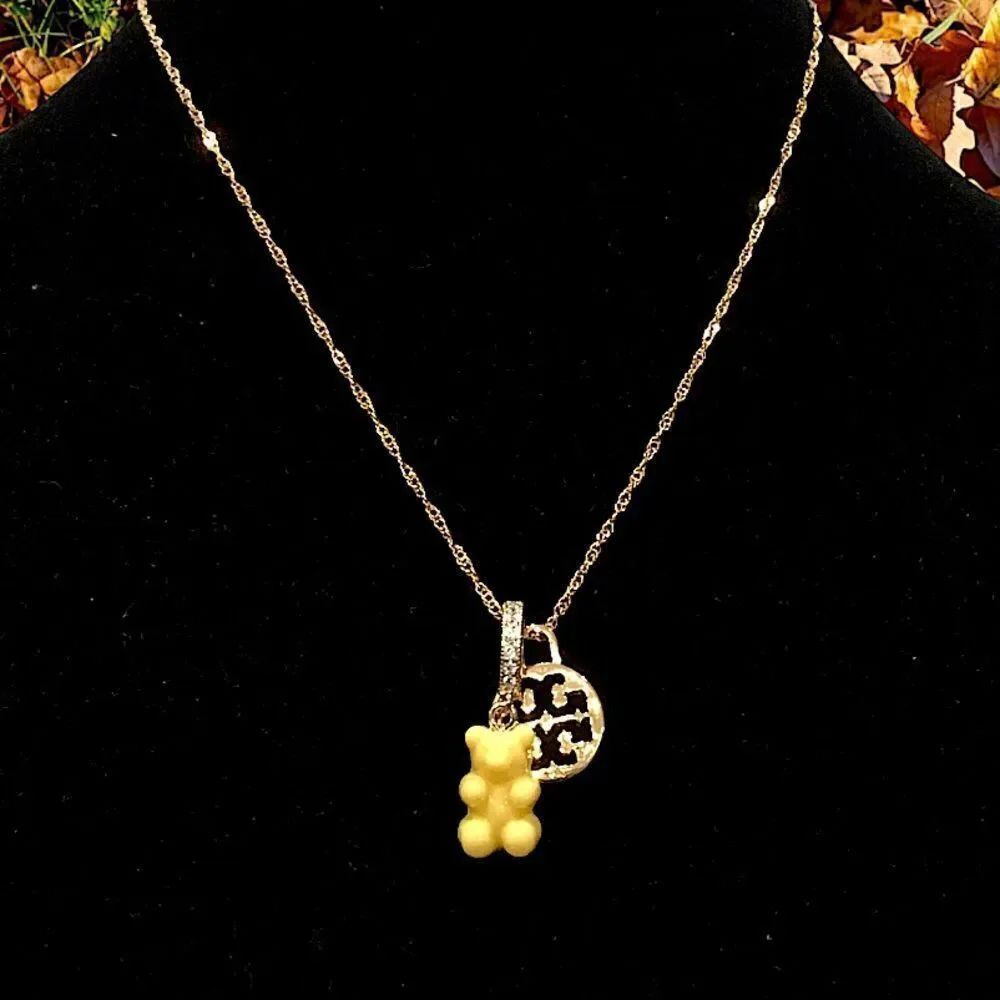 TORY BURCH 18K GOLD LOGO CHARM WITH NOSTALGIC GUMMY BEAR CHARM PENDANT N…